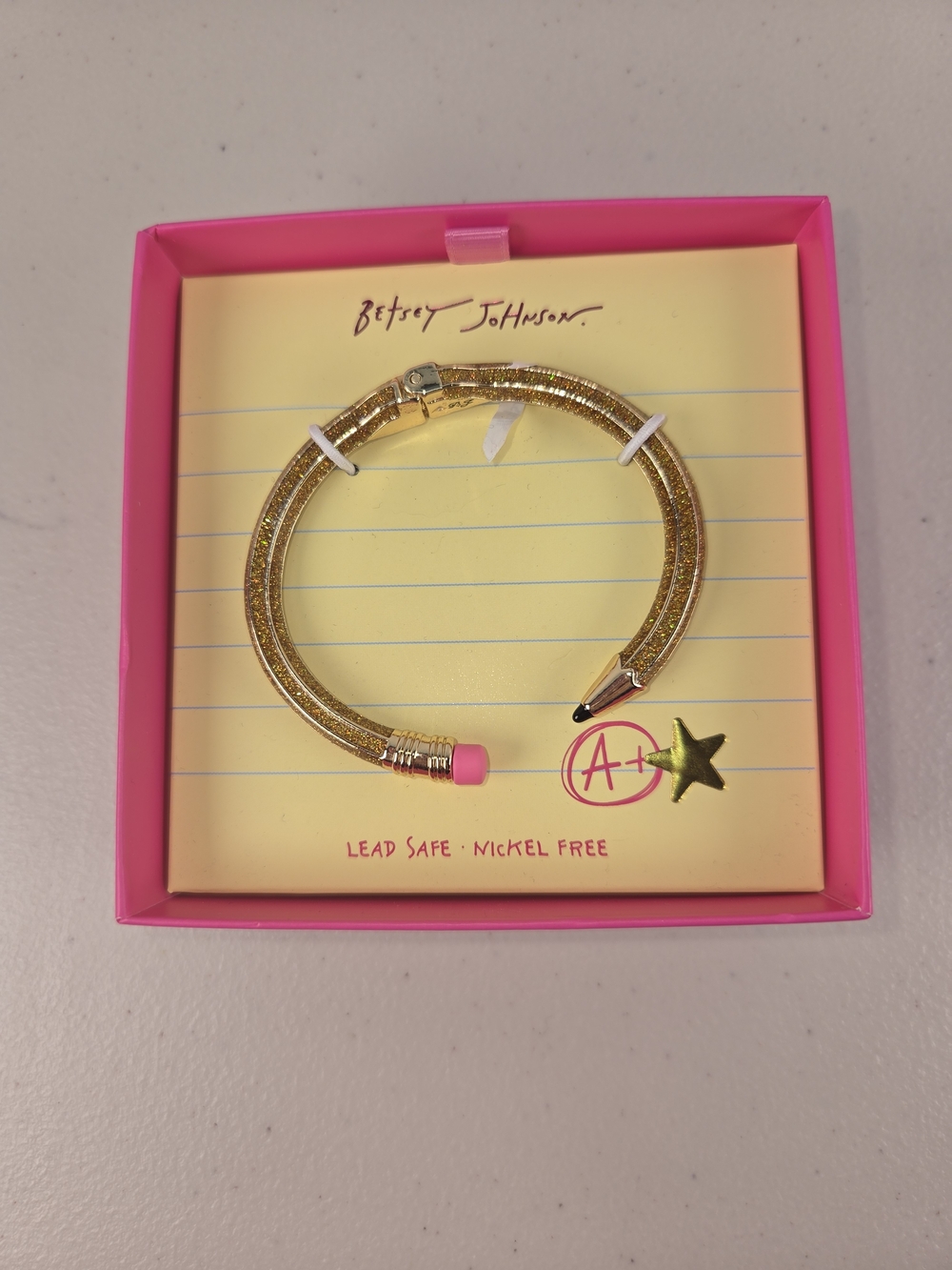 Betsey Johnson NWT Gold Pencil Bracelet Bangle Hinge Cuff Pink Eraser Teacher